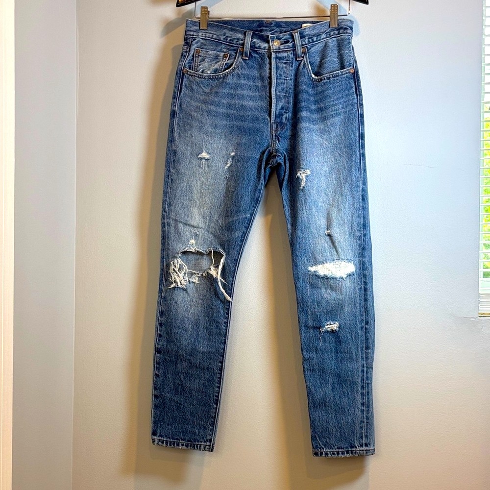 Levi's vintage 501s skinny white oak cone denim selvedge seam jeans 27x28